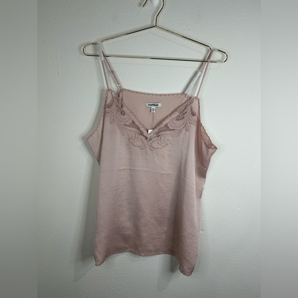Express Lace Trim Cami Tank Top Blush Pink Satin Embroidered Mesh Detail XL NWT